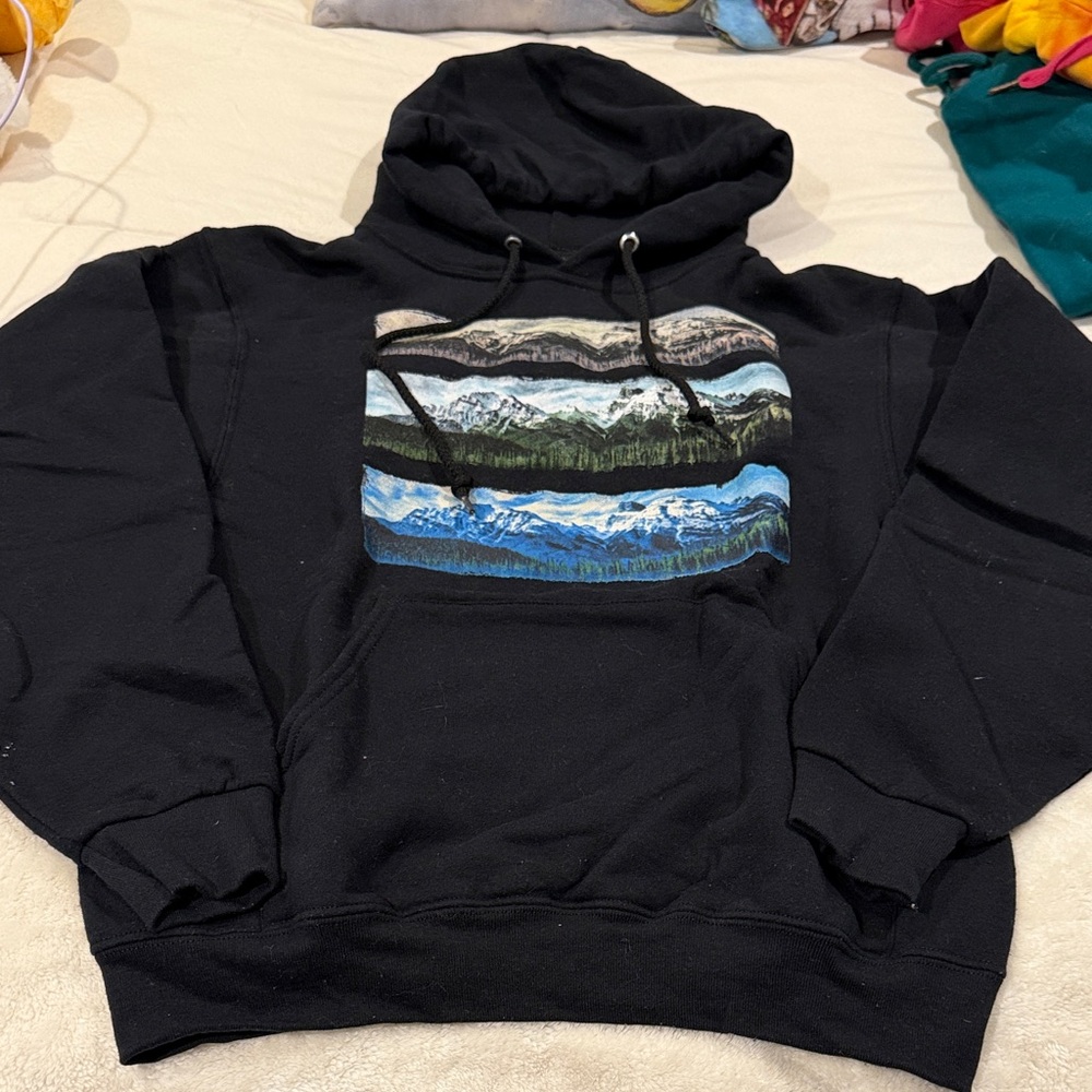 Scenic Black Hoodie with Mountain Graphic